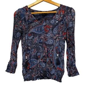 Lucky Brand Blue Red Paisley 3/4 Sleeve Sheer Blouse Top Size Small